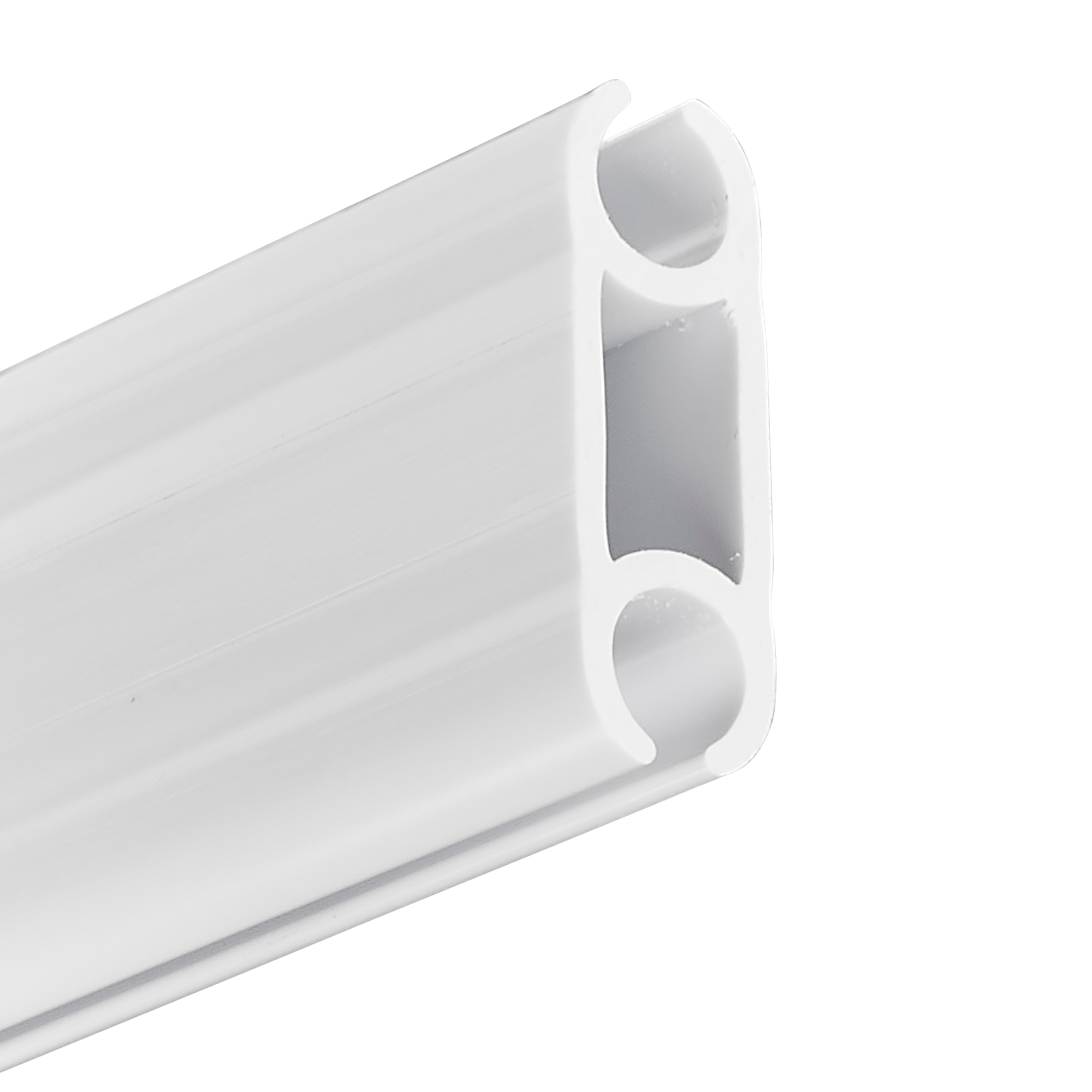 White PVC double keder rail profile with two rounded channels for securing keder fabric edges in tents, awnings, canopies, enclosures, and tensioned fabric structures.